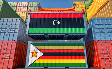 Cargo containers with Libya and Zimbabwe national flags. 3D Rendering