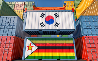 Cargo containers with Zimbabwe and South Korea national flags. 3D Rendering