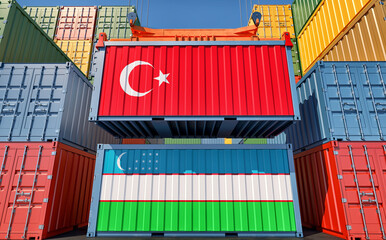Cargo containers with Uzbekistan and Turkey national flags. 3D Rendering