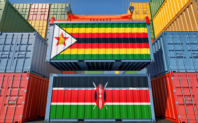 Cargo containers with Zimbabwe and Kenya national flags. 3D Rendering