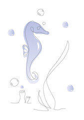 Obraz premium One line sea horse illustration. Sea life line art vector. Cute aquarium seahorse outline