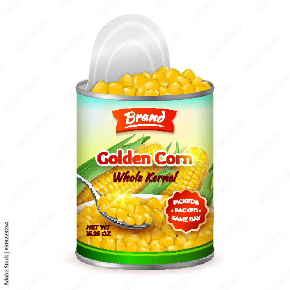 Wall mural Realistic Detailed 3d Organic Canned Corn Open Tin Can. Vector illustration of Yellow Maize Kernel Preserved