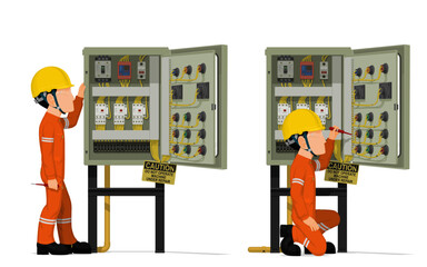 Industrial workers use screwdriver tester to measuring electric current in the electrical control cabinet