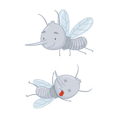 Cute mosquito set. Dead and flying parasitic insects cartoon vector illustration