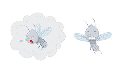 Cute mosquito set. Funny parasitic insect character in repellent cloud cartoon vector illustration