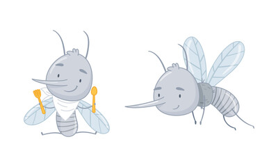 Cute mosquito set. Funny hungry parasitic insect character cartoon vector illustration