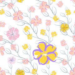 Pink Flowers Blooming Pattern. Pastel Watercolor.