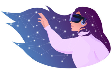 Metaverse Digital Virtual Reality Technology of a woman with glasses and a headset VR connected to the virtual space.