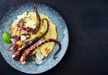Traditional Italian polpo alla griglia su crema di polenta with grilled octopus, polenta and parmesan served as a top view on a modern design plate with copy space right