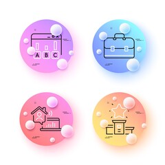 Survey results, Work home and Winner podium minimal line icons. 3d spheres or balls buttons. Portfolio icons. For web, application, printing. Best answer, Outsource work, First place. Vector