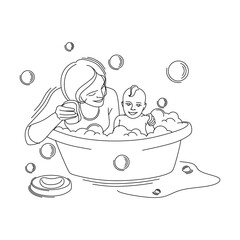 woman washes a baby in a bath, a mother and a child. The concept of motherhood and child care in a linear style. Isolated vector illustration