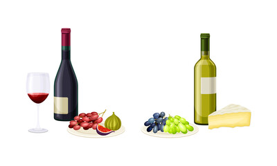 Bottles of wine served with appetizers, cheese, figs and grapes vector illustration