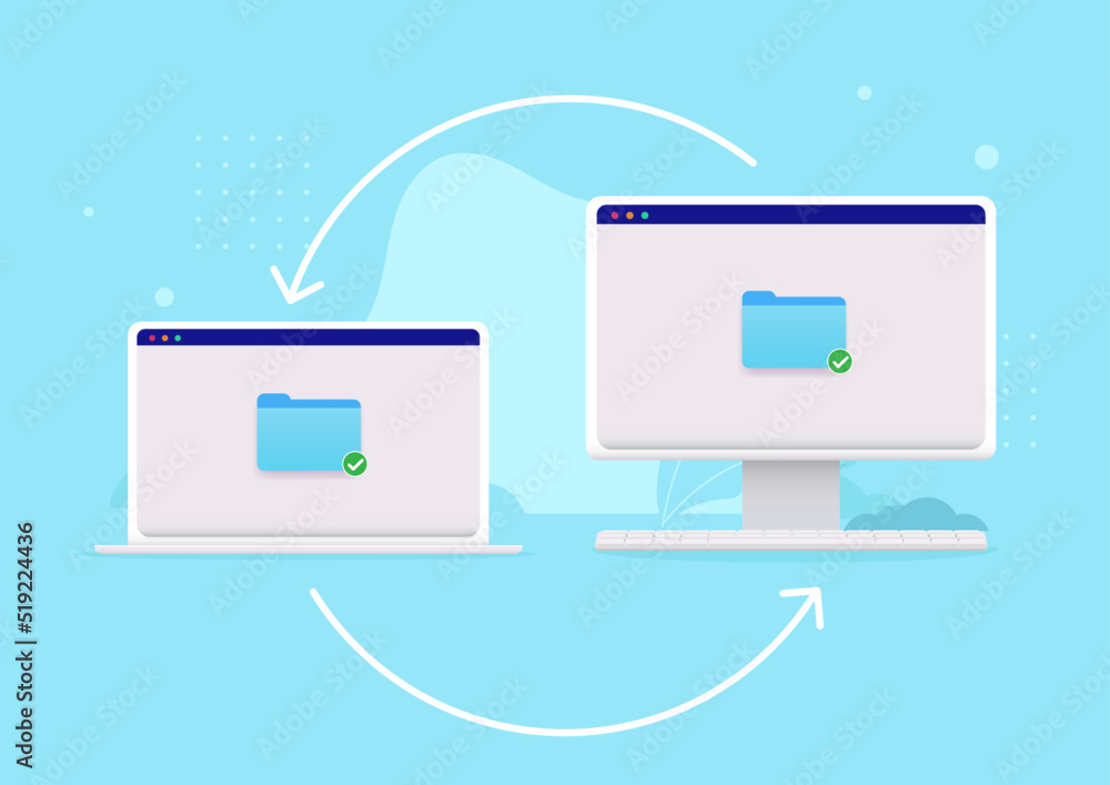Poster File sharing between computers - Laptop and desktop synching files. Semi flat vector illustration 