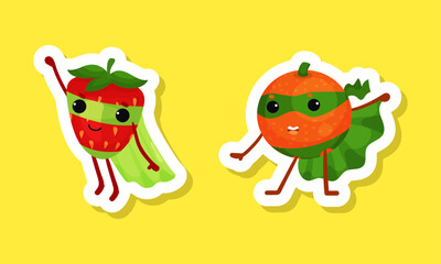 Funny fruit superhero stickers set. Funny strawberry and orange characters wearing mask and cloak cartoon vector illustration