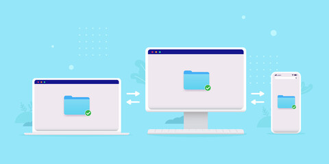 File sharing between computers and devices - Laptop desktop and phone synching files and folders. Semi flat vector illustration 
