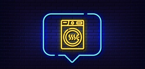 Neon light speech bubble. Dryer machine line icon. Laundry service sign. Dry clothing symbol. Neon light background. Dryer machine glow line. Brick wall banner. Vector