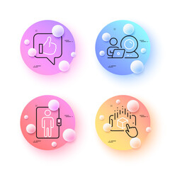 Elevator, Like and Augmented reality minimal line icons. 3d spheres or balls buttons. Video conference icons. For web, application, printing. Office transportation, Thumbs up, Phone simulation. Vector