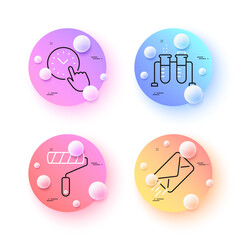 E-mail, Time management and Paint roller minimal line icons. 3d spheres or balls buttons. Chemistry beaker icons. For web, application, printing. Mail delivery, Office clock, Painter brush. Vector