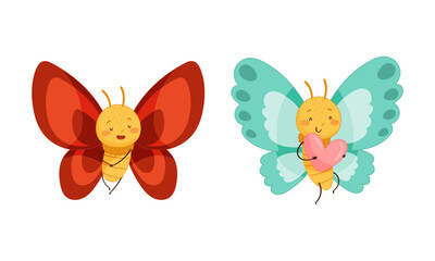 Set of cute butterflies with red and blue wings. Cute smiling insects with funny faces cartoon vector illustration