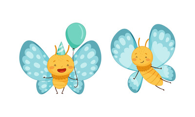 Set of cute butterflies with light blue wings. Cute smiling insects with funny faces cartoon vector illustration