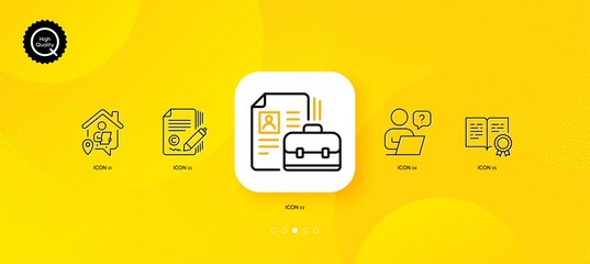 Online question, Certificate and Work home minimal line icons. Yellow abstract background. Vacancy, Copywriting icons. For web, application, printing. Remote work, Certified file, Hiring job. Vector
