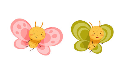 Set of cute butterflies with pink and green wings. Cute insects with funny faces cartoon vector illustration