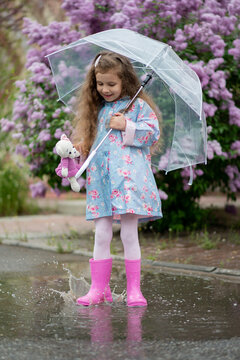 A sweet girl of five years with a transparent umbrella against the background of blooming lilacs enjoys spring and has a fun. Pastel colors. Spring. Childhood. Beauty.