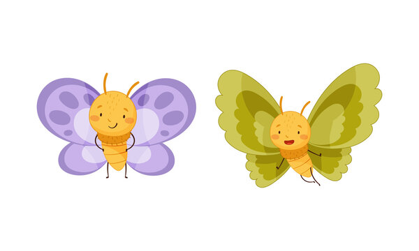 Set of cute butterflies with purple and green wings. Cute smiling insects with funny faces cartoon vector illustration