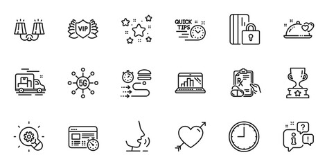 Outline set of Sconce light, Romantic dinner and Stars line icons for web application. Talk, information, delivery truck outline icon. Include Winner cup, Web timer, Graph laptop icons. Vector