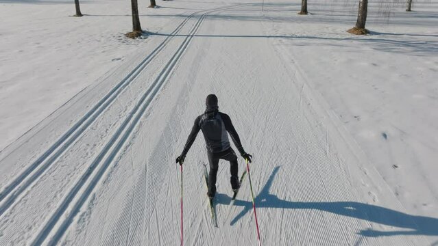 Cross Country Skier Skiing Along Snowy Path