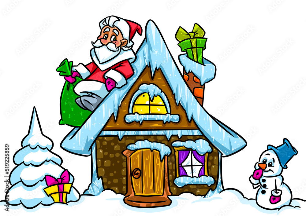 Wall mural Winter Christmas house Santa Claus snowman gifts character cartoon illustration - Wall murals