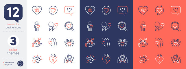 Set of Friend, Lgbt and Search love line icons. Include Update relationships, Love gift, Heart icons. Inclusion, Honeymoon travel, Miss you web elements. Hold heart. For web, application. Vector
