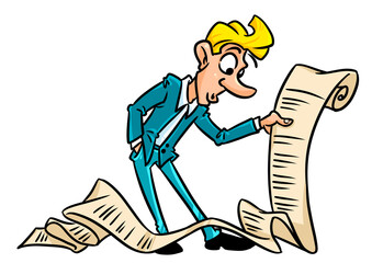 Man surprise reads big contract parody character cartoon illustration