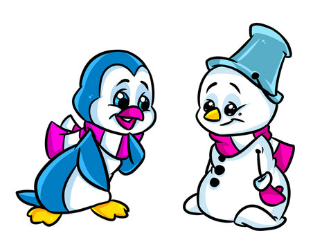Animal penguin little surprise snowman scarf character cartoon illustration