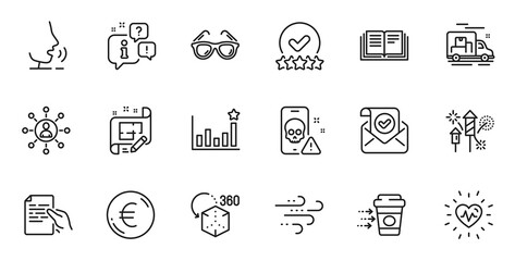 Outline set of Windy weather, Heartbeat and Networking line icons for web application. Talk, information, delivery truck outline icon. Vector