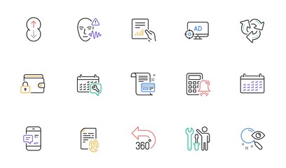 Repairman, Seo adblock and 360 degrees line icons for website, printing. Collection of Recycle, Document, Search icons. Swipe up, Payment card, Lock web elements. Voice wave. Vector