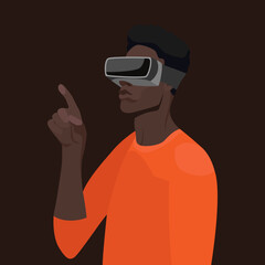A handsome guy in virtual reality glasses, raised his hand and points with his finger. VR technologies, augmented reality, metaverse. Vector flat illustration.