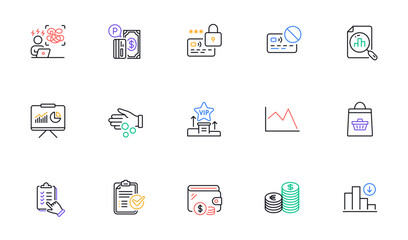 Checklist, Lock and Analytics graph line icons for website, printing. Collection of Difficult stress, Presentation, Donation money icons. Currency, Parking payment. Vector