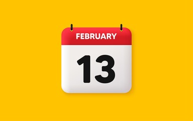 Calendar date 3d icon. 13th day of the month icon. Event schedule date. Meeting appointment time. Agenda plan, February month schedule 3d calendar and Time planner. 13th day day reminder. Vector