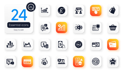 Set of Finance flat icons. Shop cart, Credit card and Coins elements for web application. Chart, Cyber attack, Payment methods icons. Pound money, Sale tags, Growth chart elements. Sale. Vector