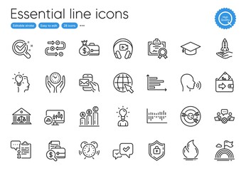 Graph chart, Safe time and Internet line icons. Collection of Salary, Candlestick chart, Time management icons. Targeting, Crowdfunding, Teamwork web elements. Messenger mail, Education, Lgbt. Vector