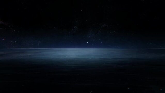 Fantasy night ocean landscape starry sky in interstellar space. Fog and light reflection on calm sea in dark seascape. Concept 3D animation loop of sci-fi water planet horizon on star field background