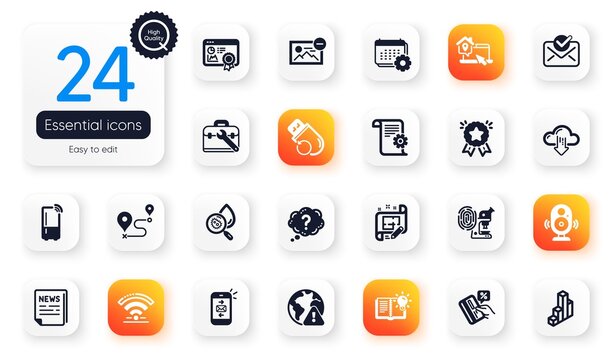 Set of Technology flat icons. Internet warning, 3d chart and Wifi elements for web application. Architect plan, Flash memory, Seo certificate icons. Remove image, Speaker, Journey elements. Vector