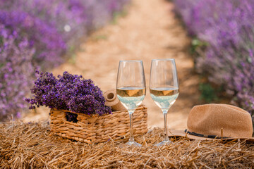 Two Glasses of white wine in a lavender field in Provance. Violet flowers on the background