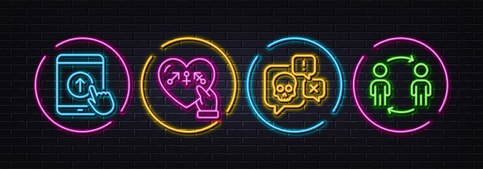 Genders, Cyber attack and Swipe up minimal line icons. Neon laser 3d lights. Workflow icons. For web, application, printing. Inclusion, Darknet chat, Scrolling screen. Partnership. Vector