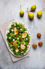 Keto Salad, pear with blue cheese and walnut, selective focus, no people, close-up,