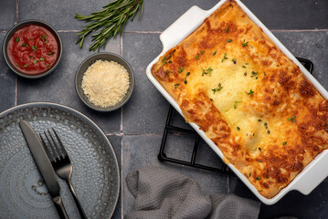 Food photography of lasagna, cheese, parmesan, oregano