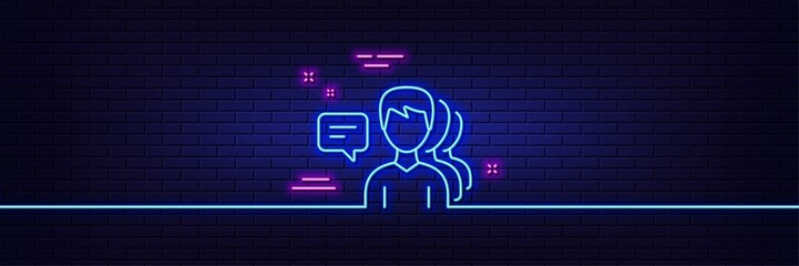 Neon light glow effect. Group of Men line icon. Human communication symbol. Teamwork sign. 3d line neon glow icon. Brick wall banner. People outline. Vector