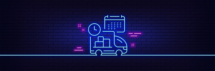 Neon light glow effect. Delivery schedule line icon. Logistics calendar sign. Cargo reminder symbol. 3d line neon glow icon. Brick wall banner. Delivery outline. Vector