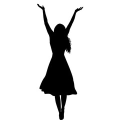 Silhouette of woman in long dress with arms raised up enjoying life - obrazy, fototapety, plakaty